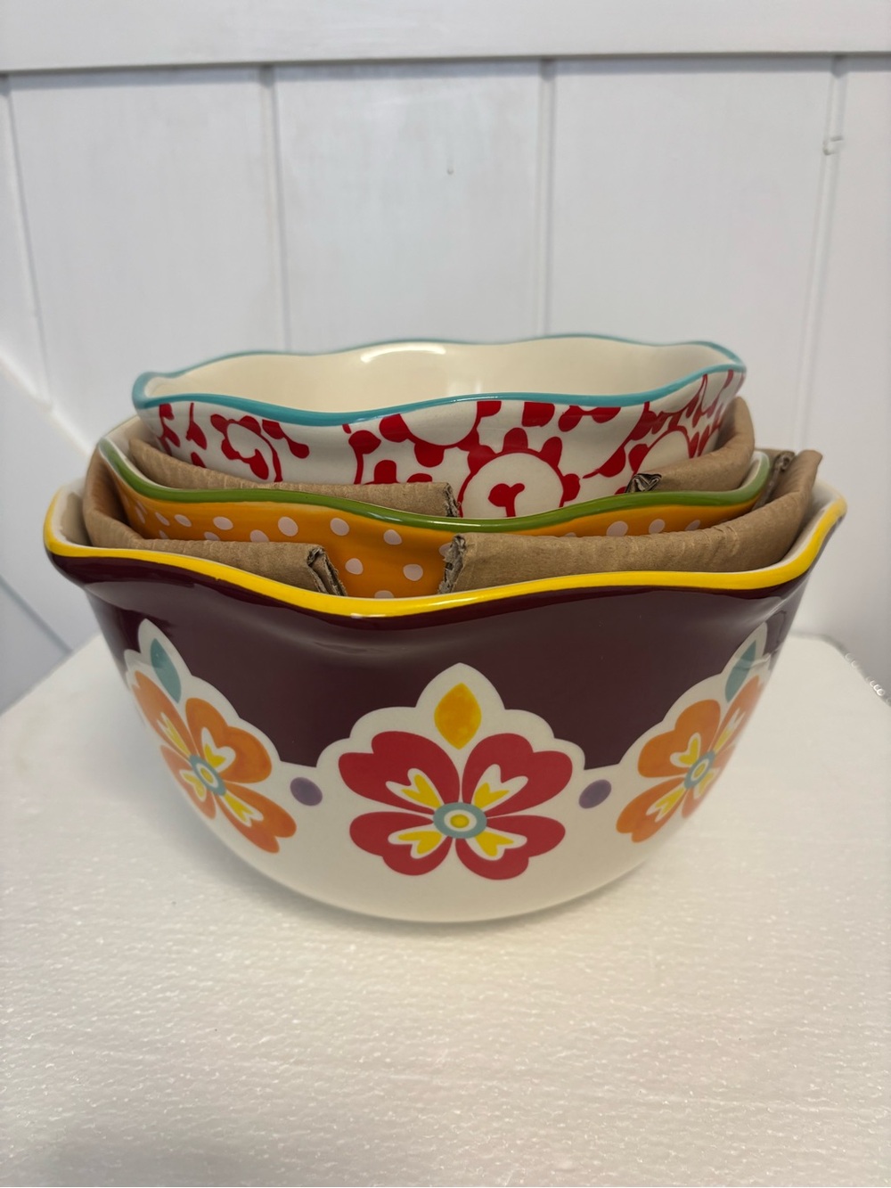Hand-Painted Floral Nesting Ceramic Mixing Bowls - 3 Piece Set